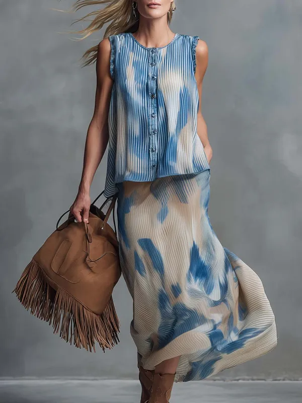 Western Retro-Print Chiffon Crew-Neck Front-Button Top And Skirt Set made by Oyrosy