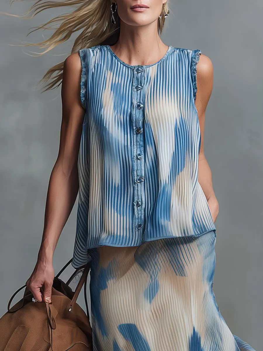 Western Retro-Print Chiffon Crew-Neck Front-Button Top And Skirt Set sold by Oyrosy product image thumbnail 3