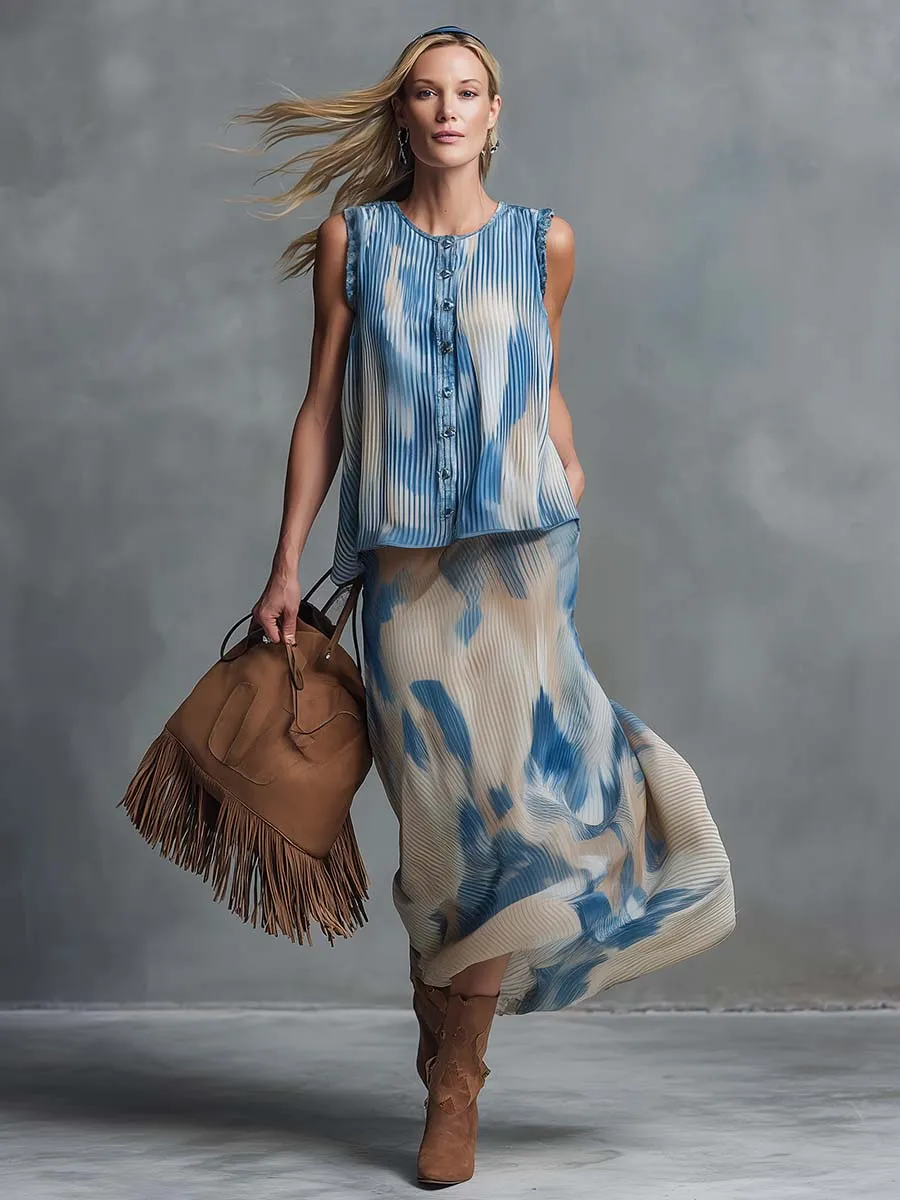 Western Retro-Print Chiffon Crew-Neck Front-Button Top And Skirt Set sold by Oyrosy product image thumbnail 2