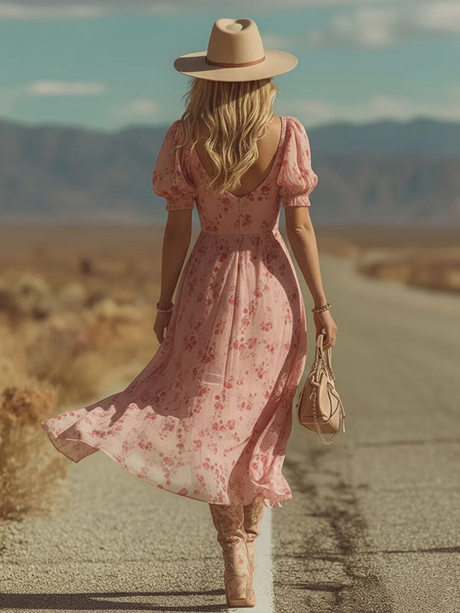 Retro Ethnic-Style Pink Floral Print Short-Sleeve V-Neck Chiffon Midi Dress sold by Oyrosy product image thumbnail 4