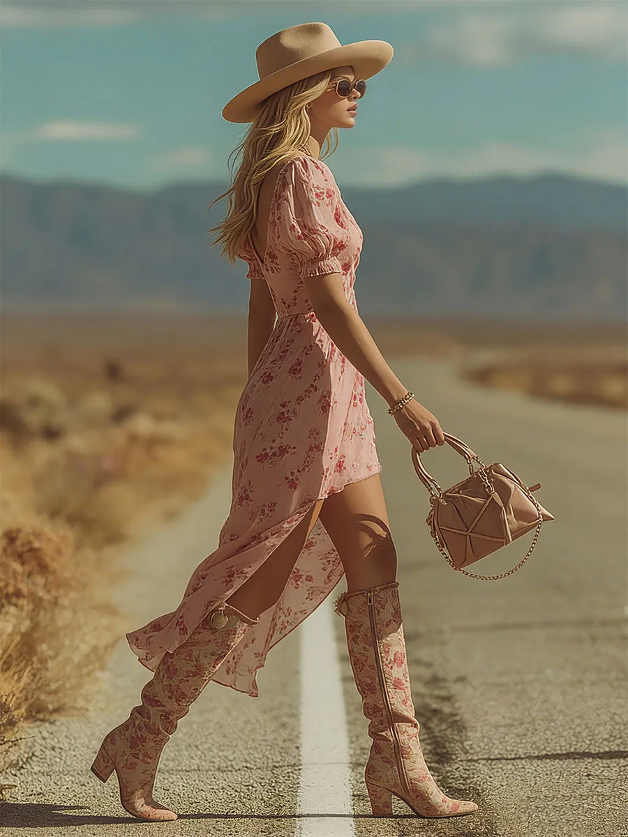 Retro Ethnic-Style Pink Floral Print Short-Sleeve V-Neck Chiffon Midi Dress sold by Oyrosy product image thumbnail 2