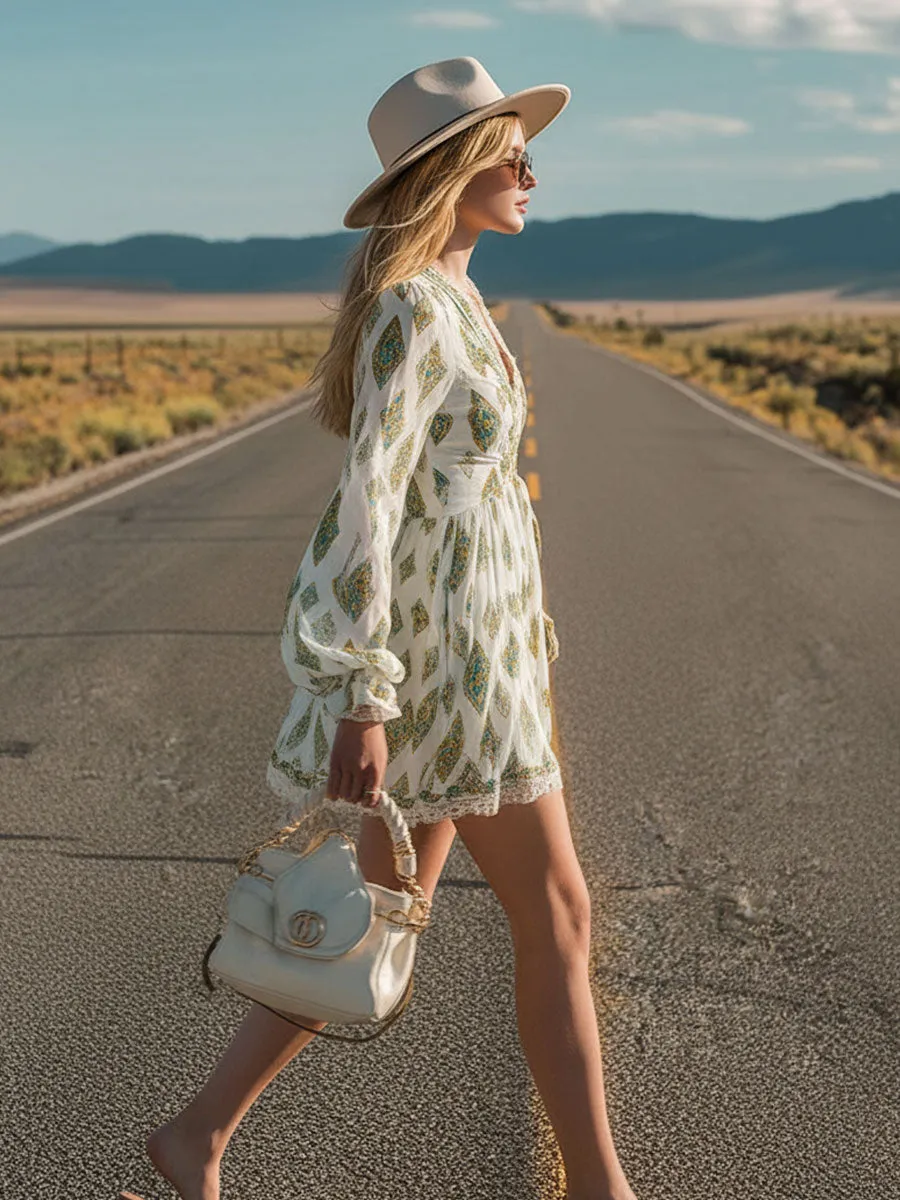 Retro Lace Trim Ethnic Print White V-neck Short-sleeved Chiffon Mini Dress sold by Oyrosy product image thumbnail 2