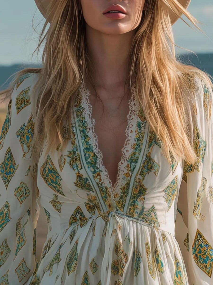 Retro Lace Trim Ethnic Print White V-neck Short-sleeved Chiffon Mini Dress sold by Oyrosy product image thumbnail 5