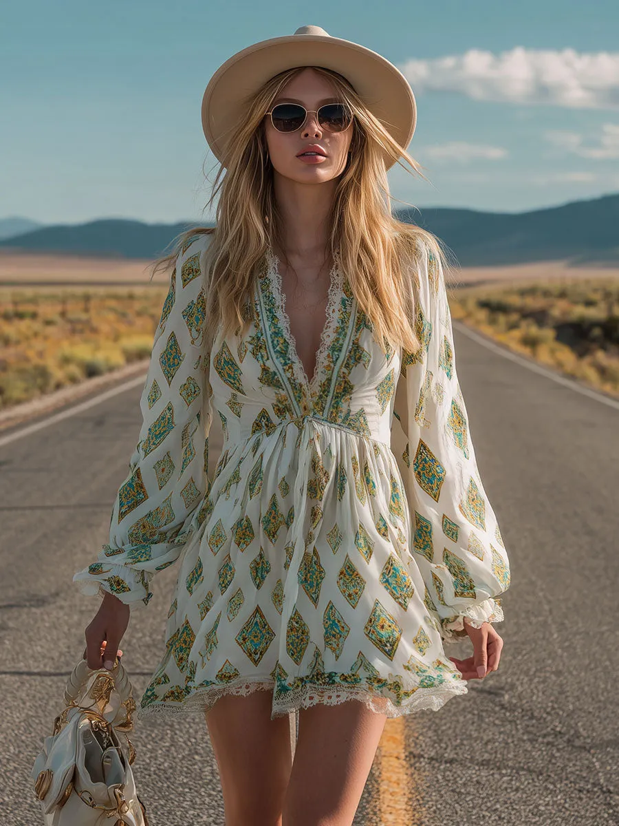 Retro Lace Trim Ethnic Print White V-neck Short-sleeved Chiffon Mini Dress sold by Oyrosy product image thumbnail 3