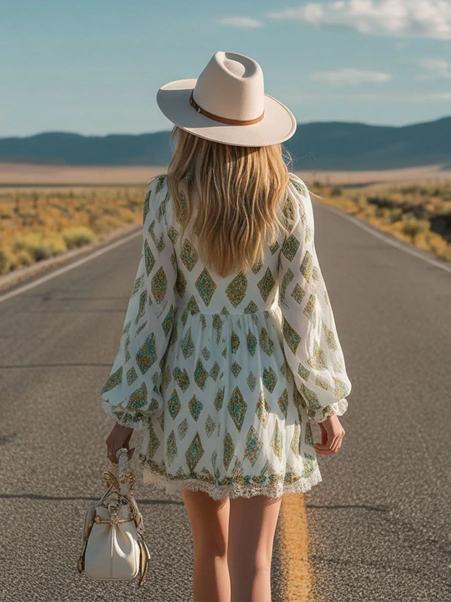 Retro Lace Trim Ethnic Print White V-neck Short-sleeved Chiffon Mini Dress sold by Oyrosy product image thumbnail 4