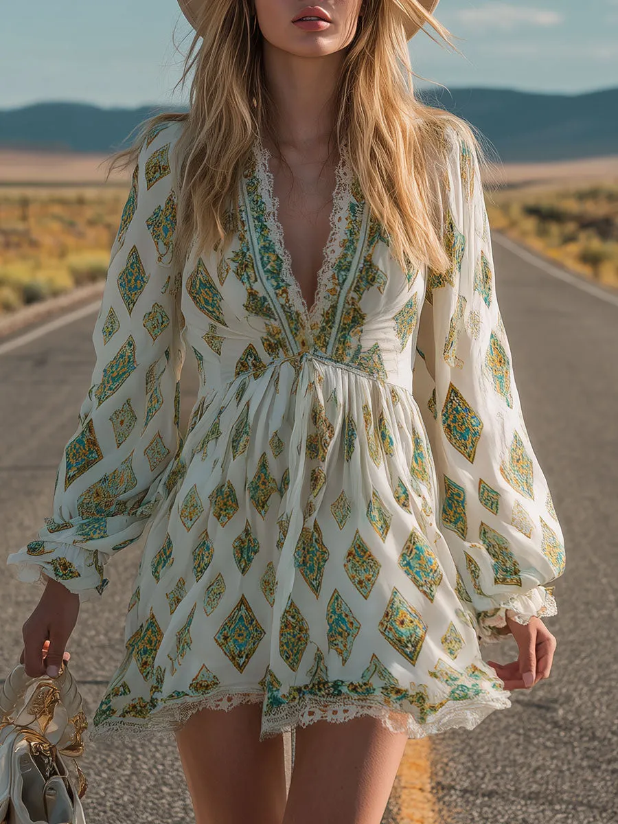 Retro Lace Trim Ethnic Print White V-neck Short-sleeved Chiffon Mini Dress sold by Oyrosy