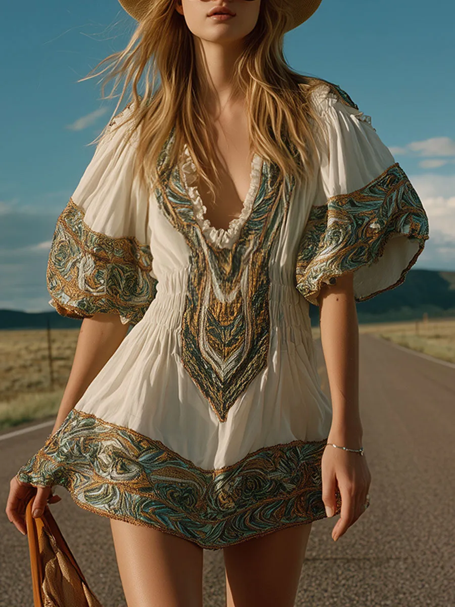Western Retro Ethnic Print White Ruffled V-neck Short-sleeved Chiffon Mini Dress sold by Oyrosy