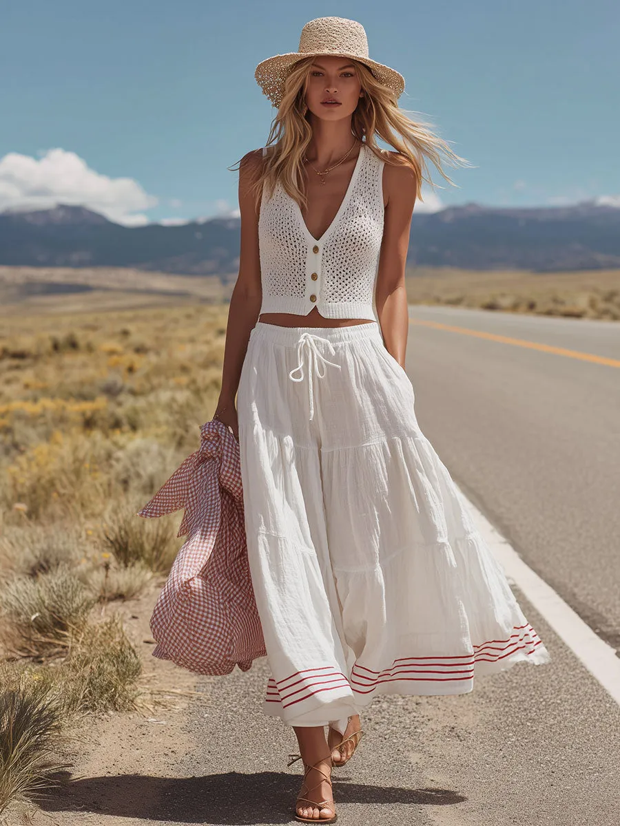 Western Retro Sleeveless Knit Top And White Cotton-linen Skirt Set sold by Oyrosy product image thumbnail 4