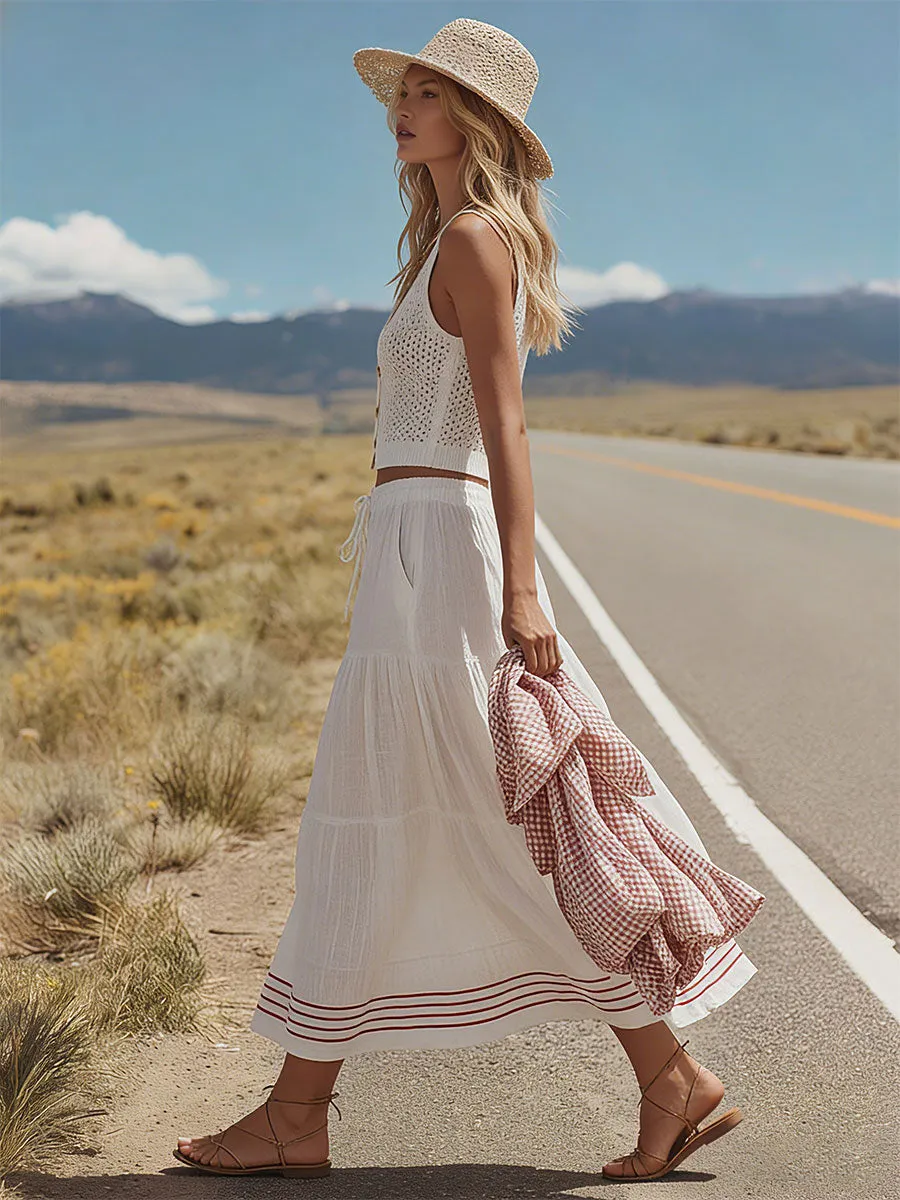 Western Retro Sleeveless Knit Top And White Cotton-linen Skirt Set sold by Oyrosy product image thumbnail 2