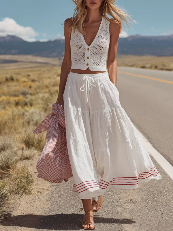Western Retro Sleeveless Knit Top And White Cotton-linen Skirt Set made by Oyrosy