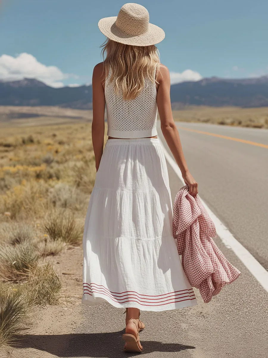 Western Retro Sleeveless Knit Top And White Cotton-linen Skirt Set sold by Oyrosy product image thumbnail 3