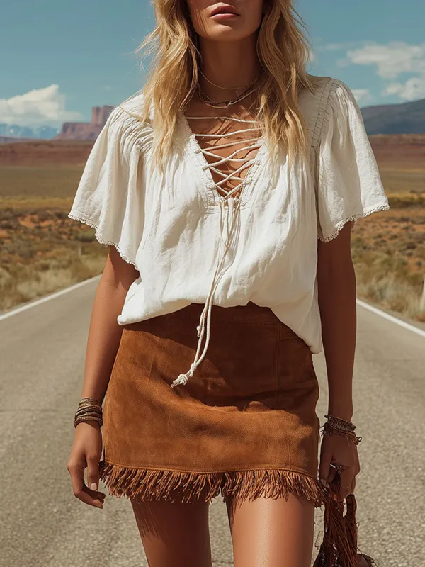 Western Retro White Cross-strap Cotton-linen T-shirt And Brown Fringed Faux Suede Skirt Set made by Oyrosy