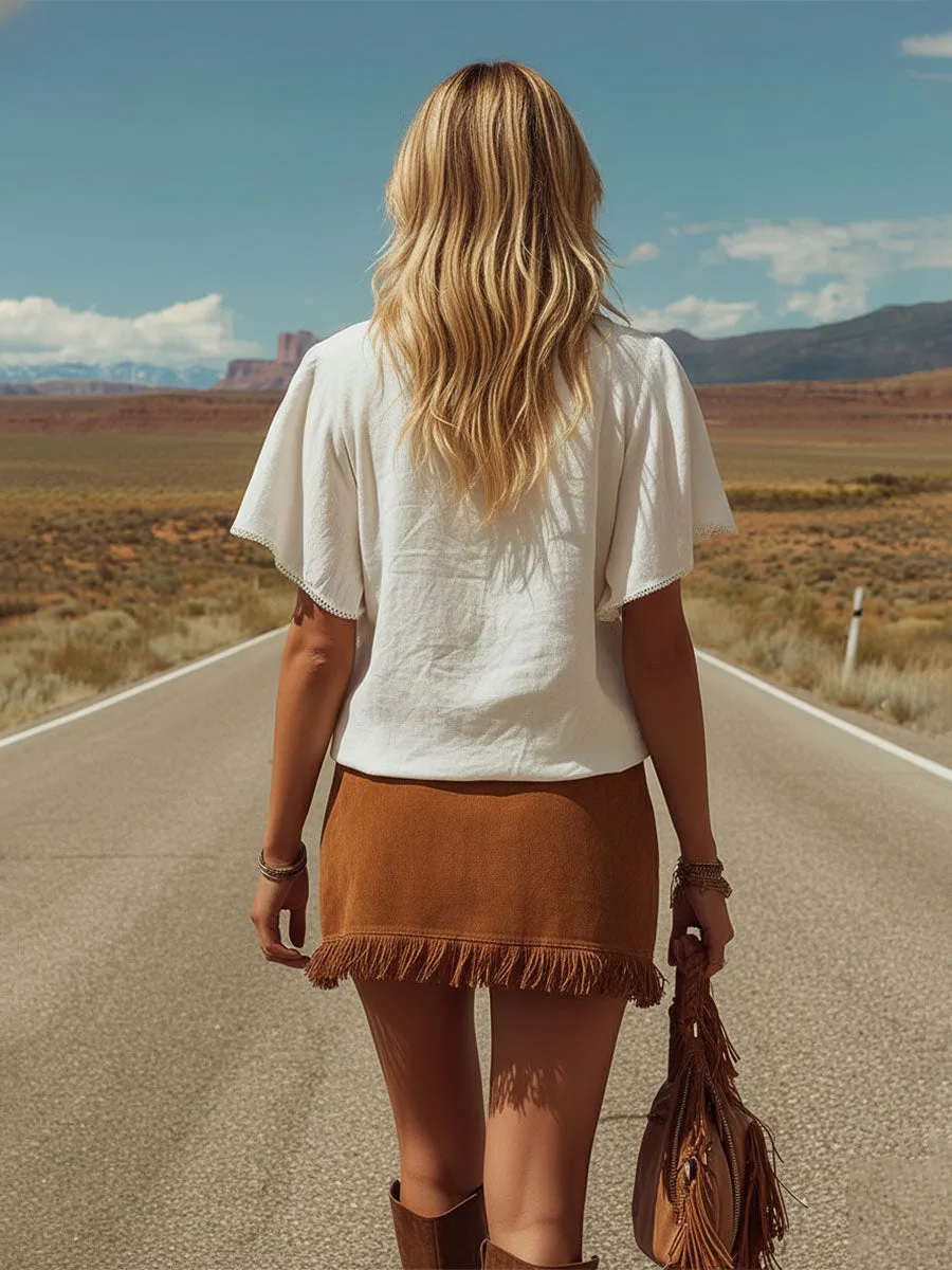 Western Retro White Cross-strap Cotton-linen T-shirt And Brown Fringed Faux Suede Skirt Set sold by Oyrosy product image thumbnail 4