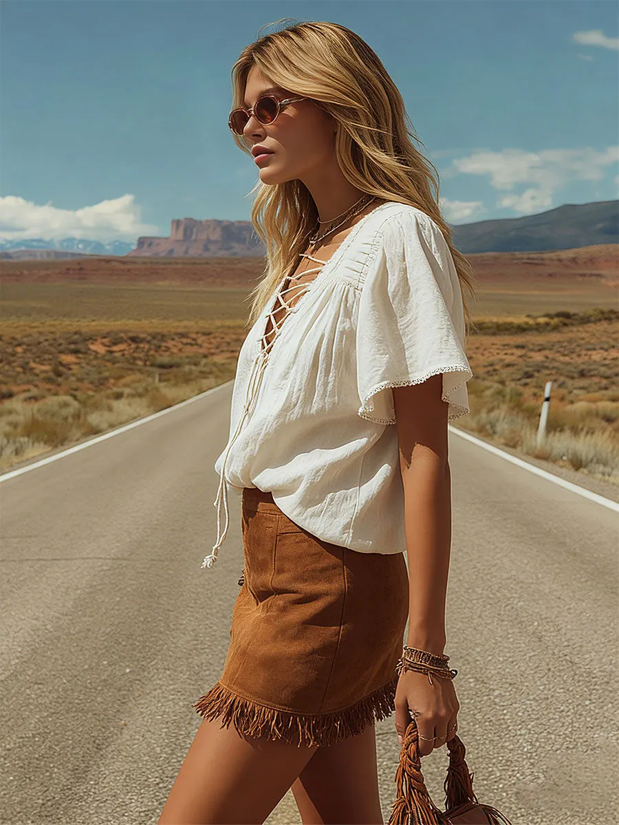 Western Retro White Cross-strap Cotton-linen T-shirt And Brown Fringed Faux Suede Skirt Set sold by Oyrosy product image thumbnail 2
