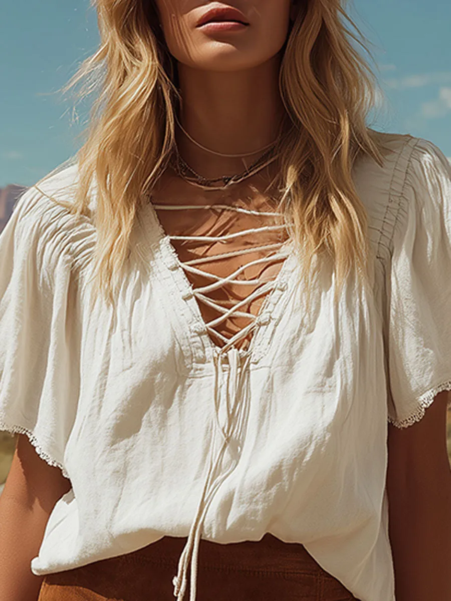 Western Retro White Cross-strap Cotton-linen T-shirt And Brown Fringed Faux Suede Skirt Set sold by Oyrosy product image thumbnail 5