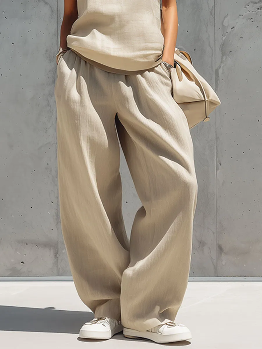 Casual Retro Sand-Colored Cotton Linen Sleeveless Cardigan And Wide-Leg Pants Set sold by Oyrosy product image thumbnail 5