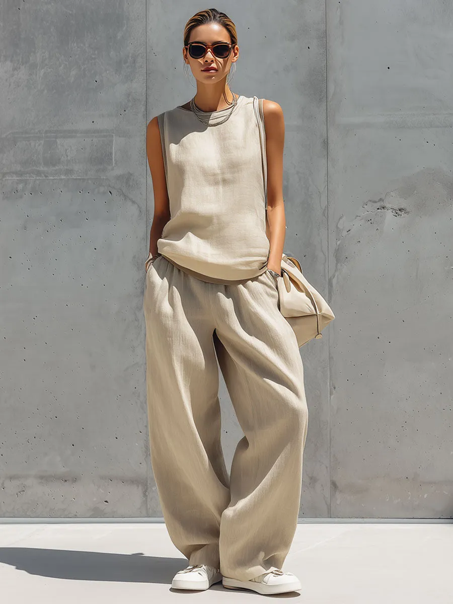 Casual Retro Sand-Colored Cotton Linen Sleeveless Cardigan And Wide-Leg Pants Set sold by Oyrosy product image thumbnail 4