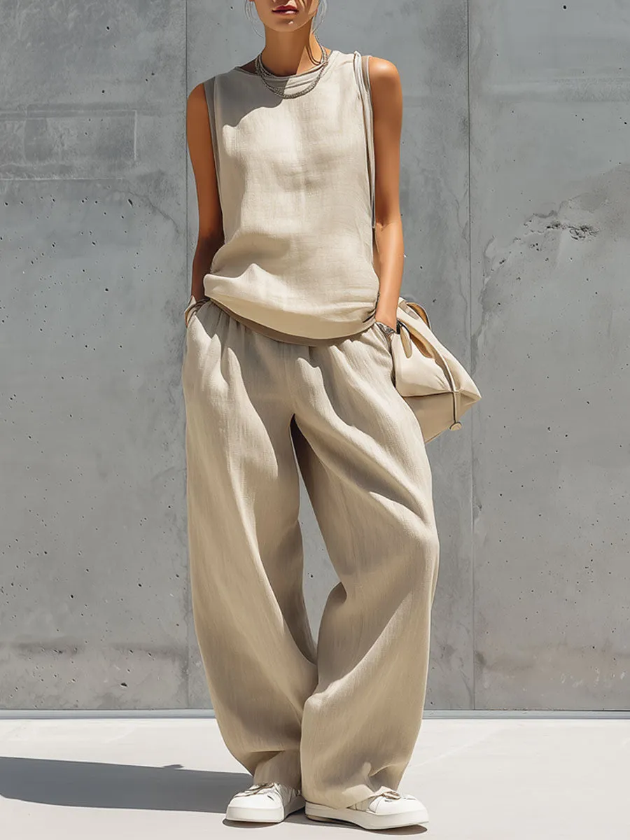 Casual Retro Sand-Colored Cotton Linen Sleeveless Cardigan And Wide-Leg Pants Set sold by Oyrosy