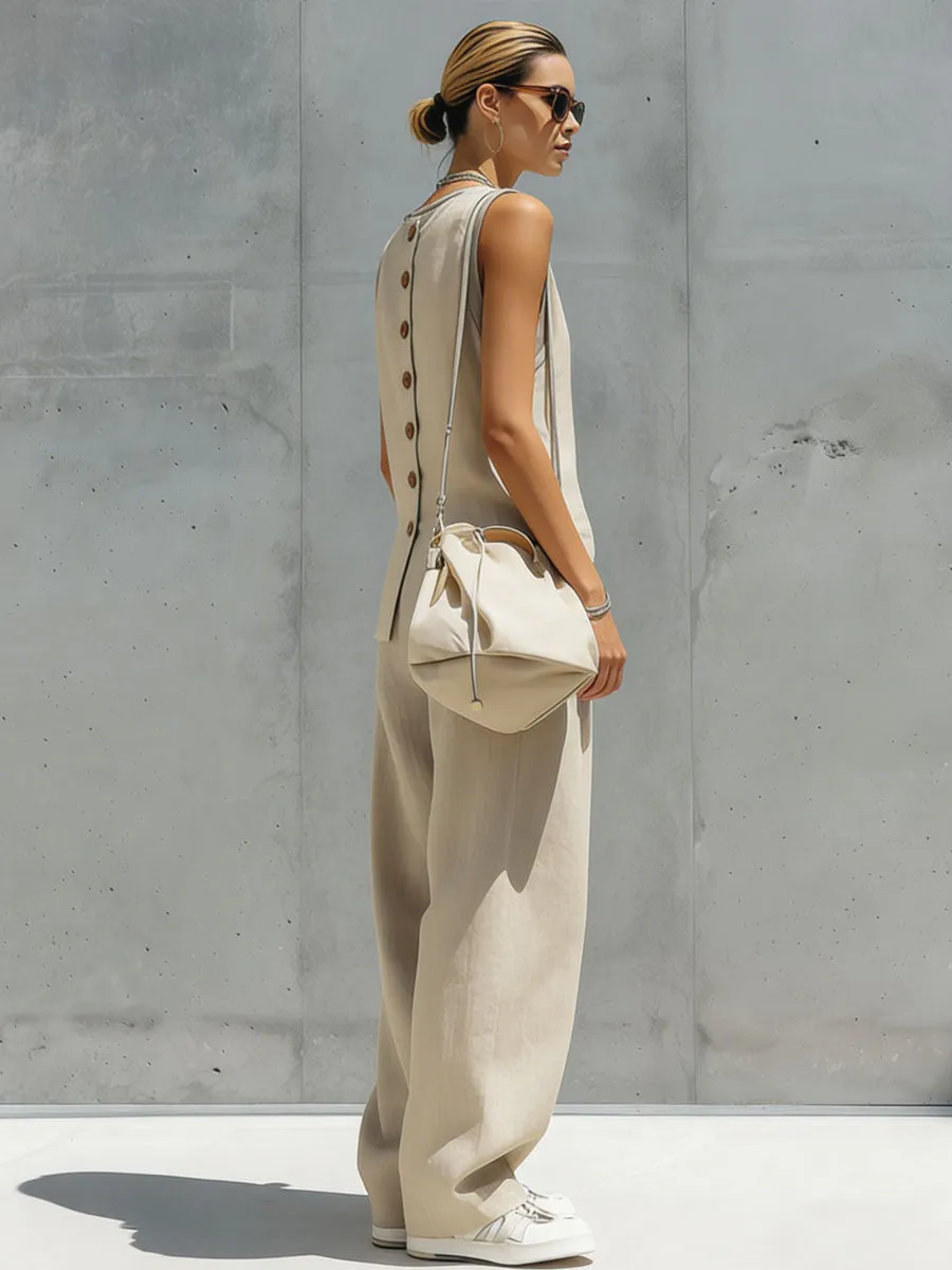 Casual Retro Sand-Colored Cotton Linen Sleeveless Cardigan And Wide-Leg Pants Set sold by Oyrosy product image thumbnail 3