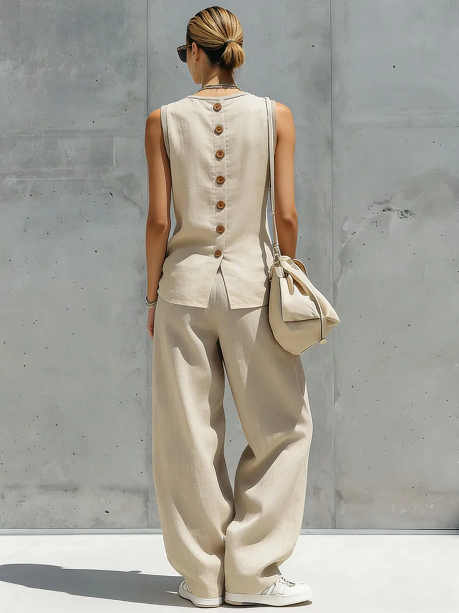 Casual Retro Sand-Colored Cotton Linen Sleeveless Cardigan And Wide-Leg Pants Set sold by Oyrosy product image thumbnail 2
