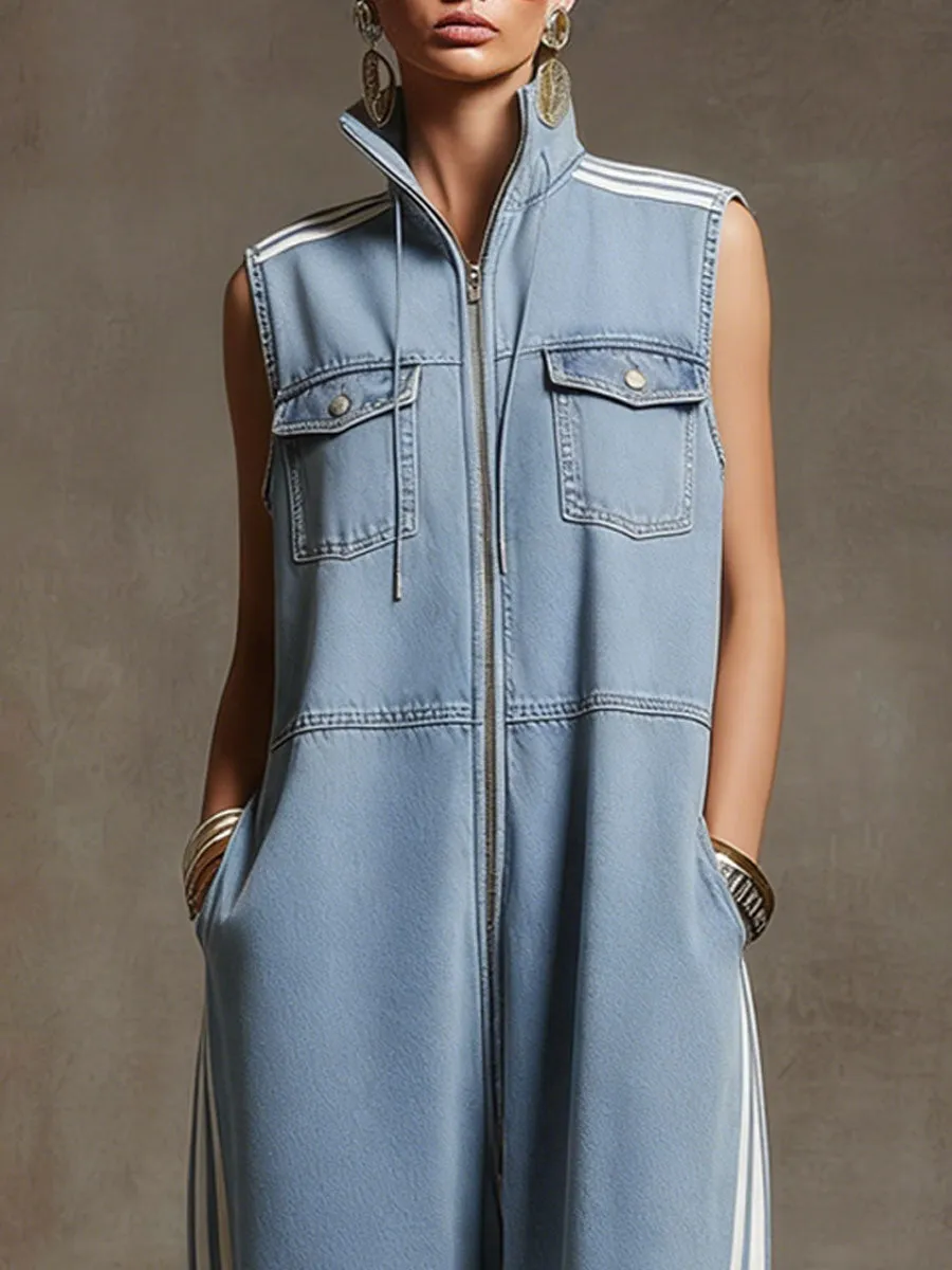 Casual Retro White Ribbon Light Blue Denim Sleeveless Jumpsuit sold by Oyrosy product image thumbnail 5