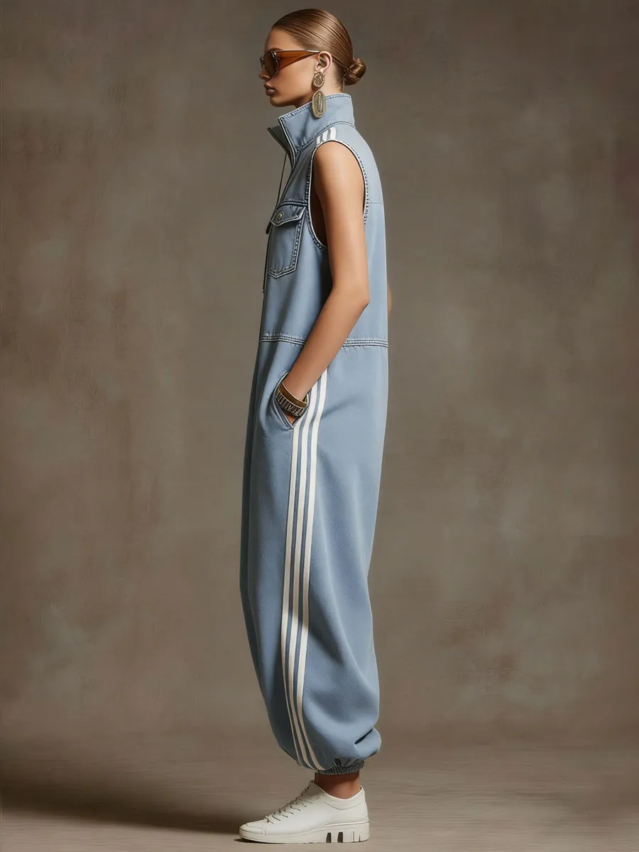 Casual Retro White Ribbon Light Blue Denim Sleeveless Jumpsuit sold by Oyrosy product image thumbnail 2