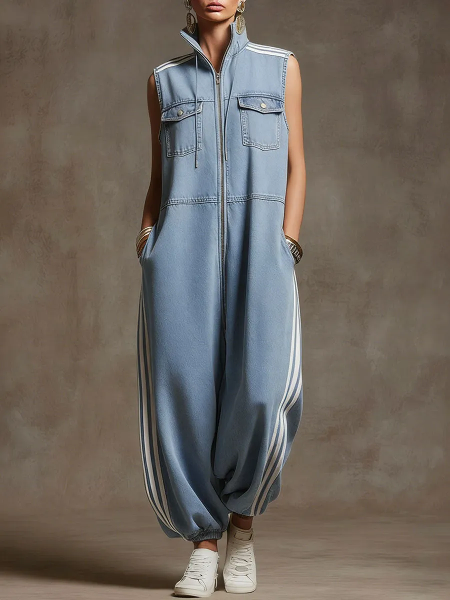 Casual Retro White Ribbon Light Blue Denim Sleeveless Jumpsuit sold by Oyrosy