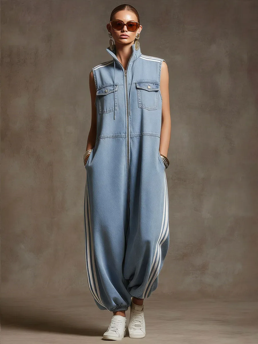 Casual Retro White Ribbon Light Blue Denim Sleeveless Jumpsuit sold by Oyrosy product image thumbnail 4