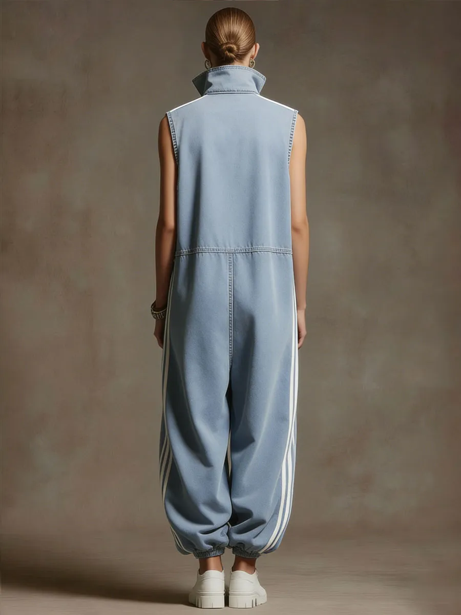 Casual Retro White Ribbon Light Blue Denim Sleeveless Jumpsuit sold by Oyrosy product image thumbnail 3