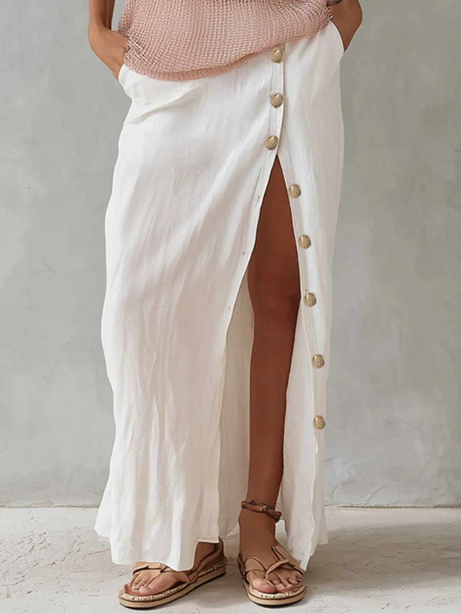 V-neck Mesh Knit Top And Cotton-linen Side-slit Skirt Set sold by Oyrosy product image thumbnail 5