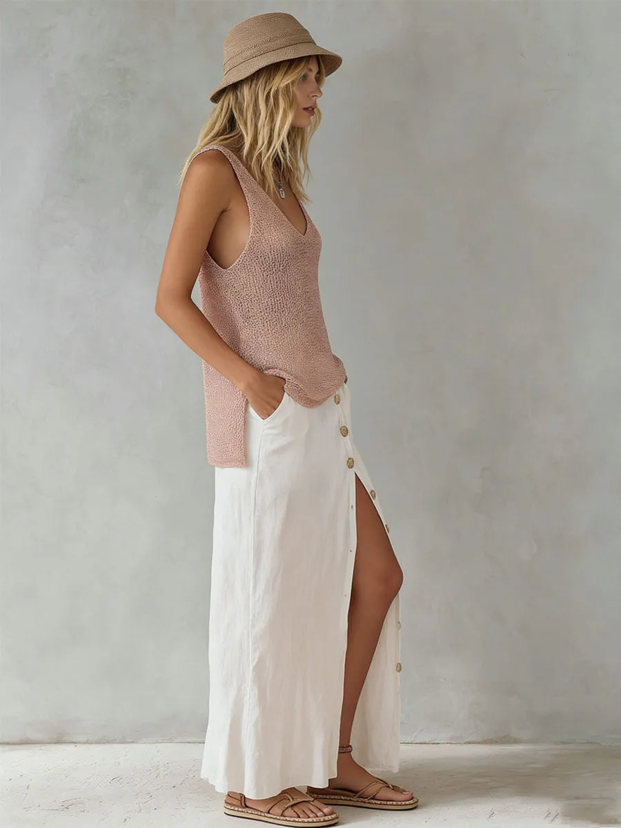 V-neck Mesh Knit Top And Cotton-linen Side-slit Skirt Set sold by Oyrosy product image thumbnail 2