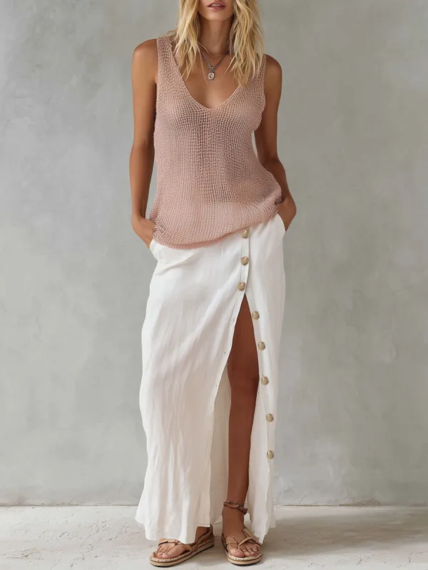 V-neck Mesh Knit Top And Cotton-linen Side-slit Skirt Set made by Oyrosy
