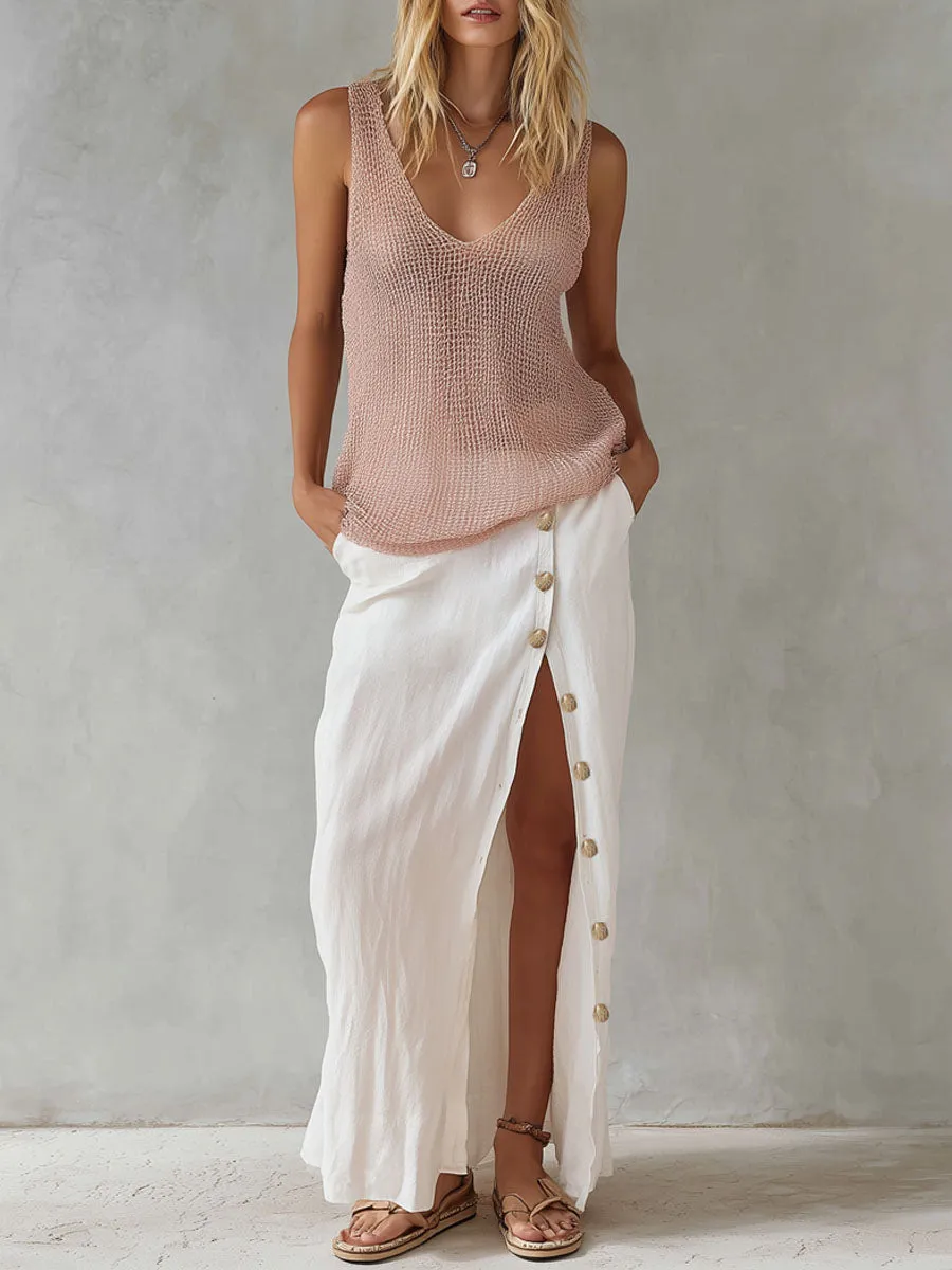 V-neck Mesh Knit Top And Cotton-linen Side-slit Skirt Set sold by Oyrosy