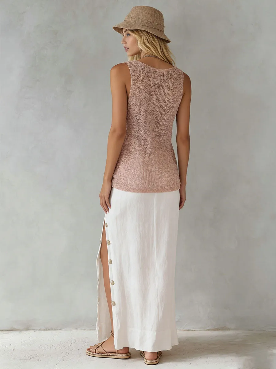 V-neck Mesh Knit Top And Cotton-linen Side-slit Skirt Set sold by Oyrosy product image thumbnail 3