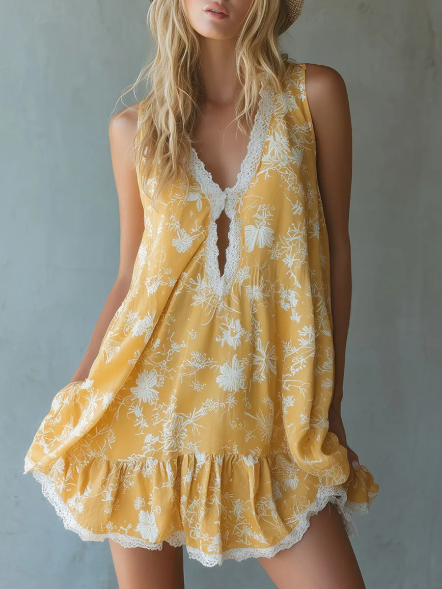 Yellow Chiffon Printed Lace-trimmed V-neck Sleeveless Mini Dress sold by Oyrosy