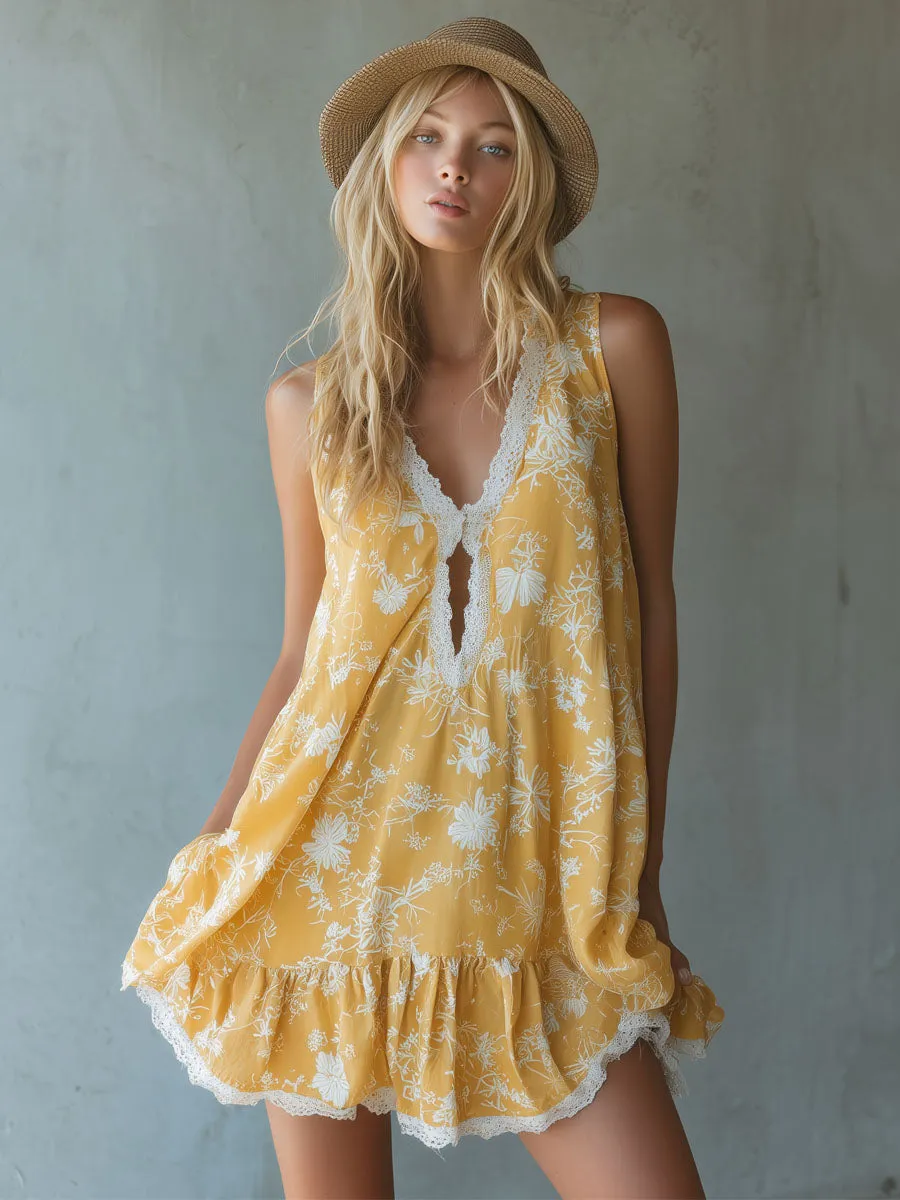 Yellow Chiffon Printed Lace-trimmed V-neck Sleeveless Mini Dress sold by Oyrosy product image thumbnail 5