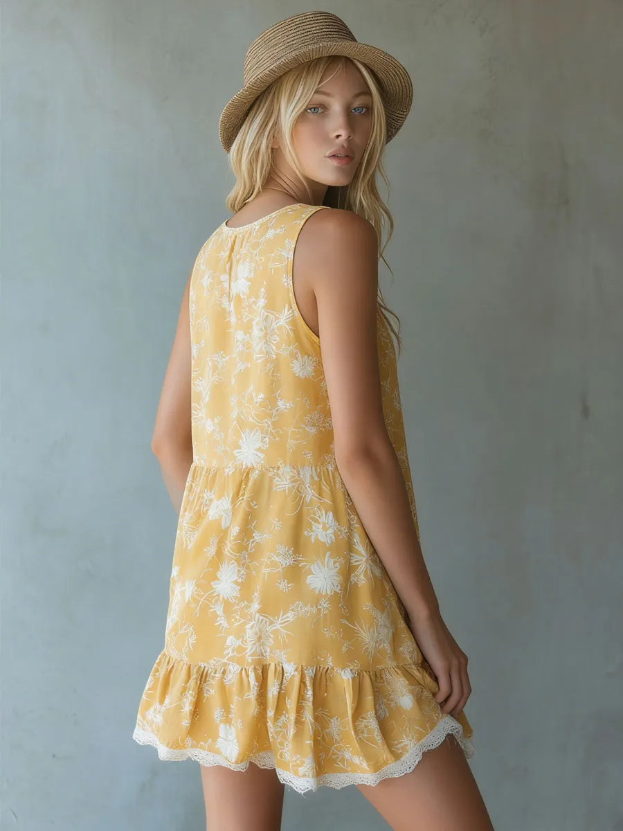 Yellow Chiffon Printed Lace-trimmed V-neck Sleeveless Mini Dress sold by Oyrosy product image thumbnail 3