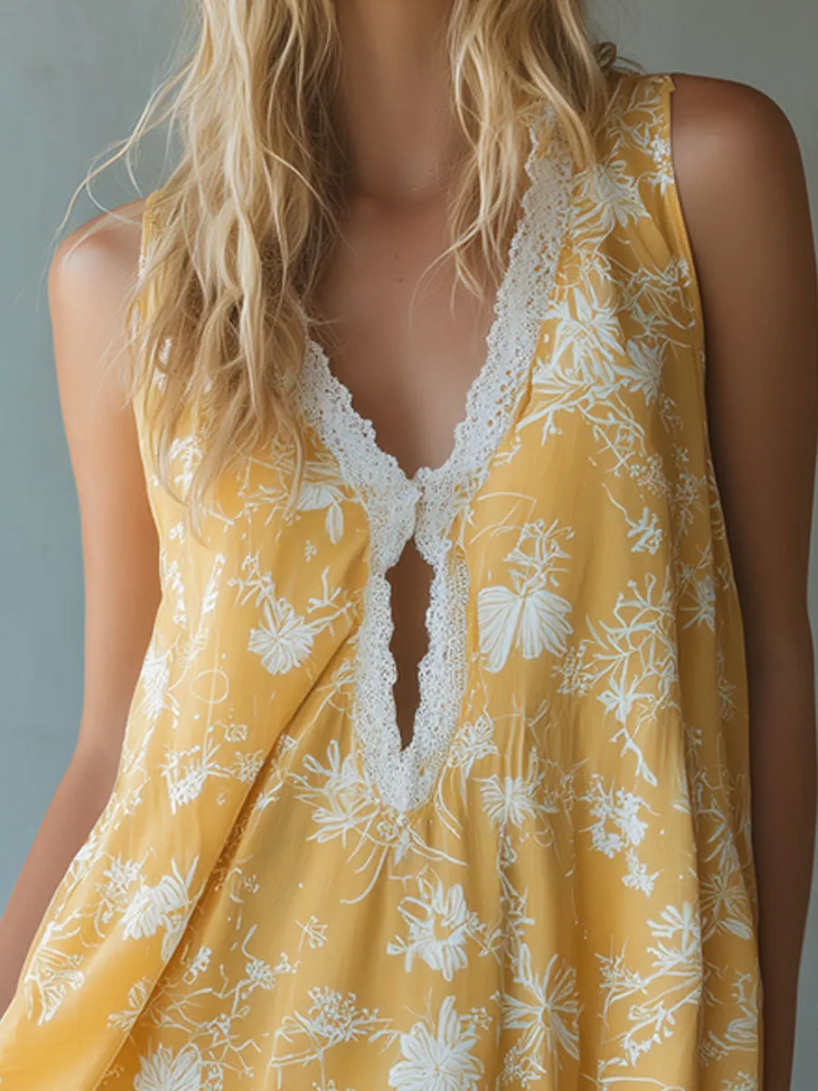 Yellow Chiffon Printed Lace-trimmed V-neck Sleeveless Mini Dress sold by Oyrosy product image thumbnail 4