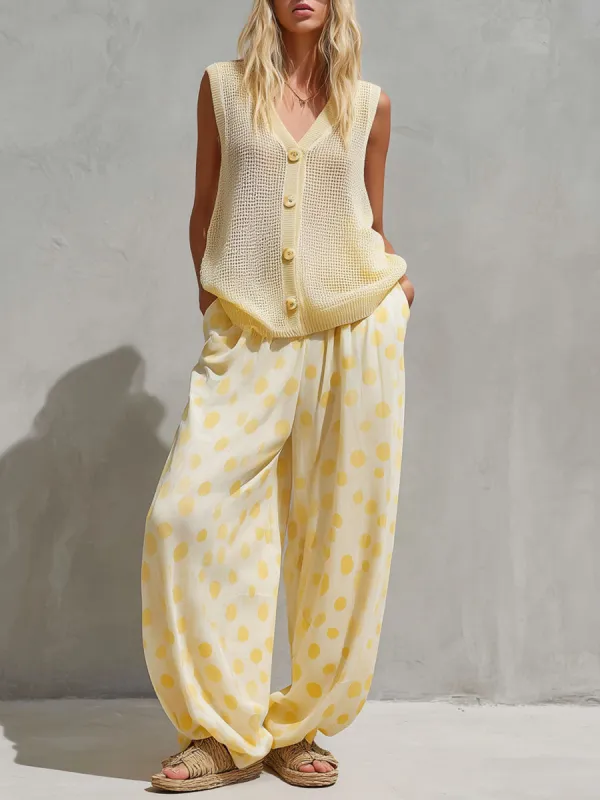 Pale Yellow V-neck Mesh Knit Top And Polka Dot Trousers Set made by Oyrosy