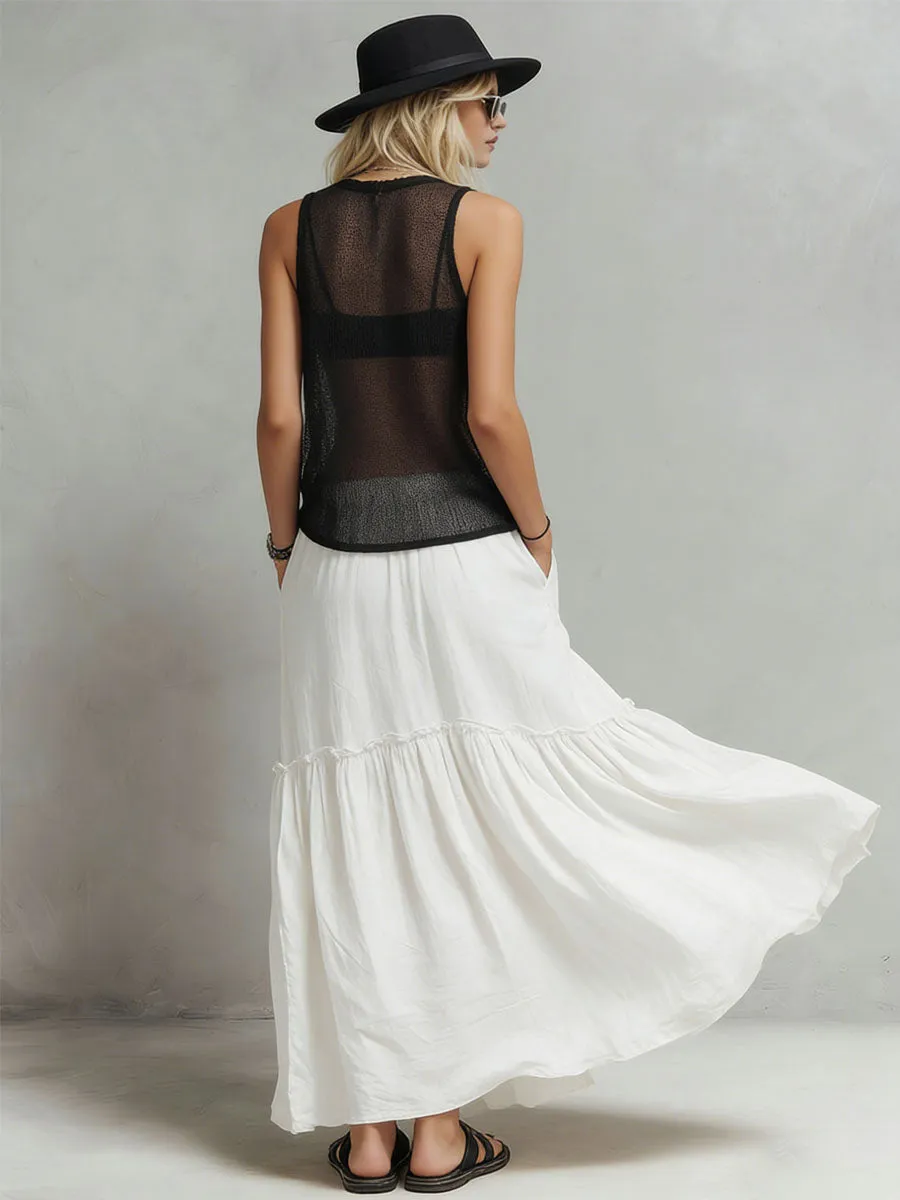 Black Mesh Knit Top And White Cotton-linen Skirt Set sold by Oyrosy product image thumbnail 3