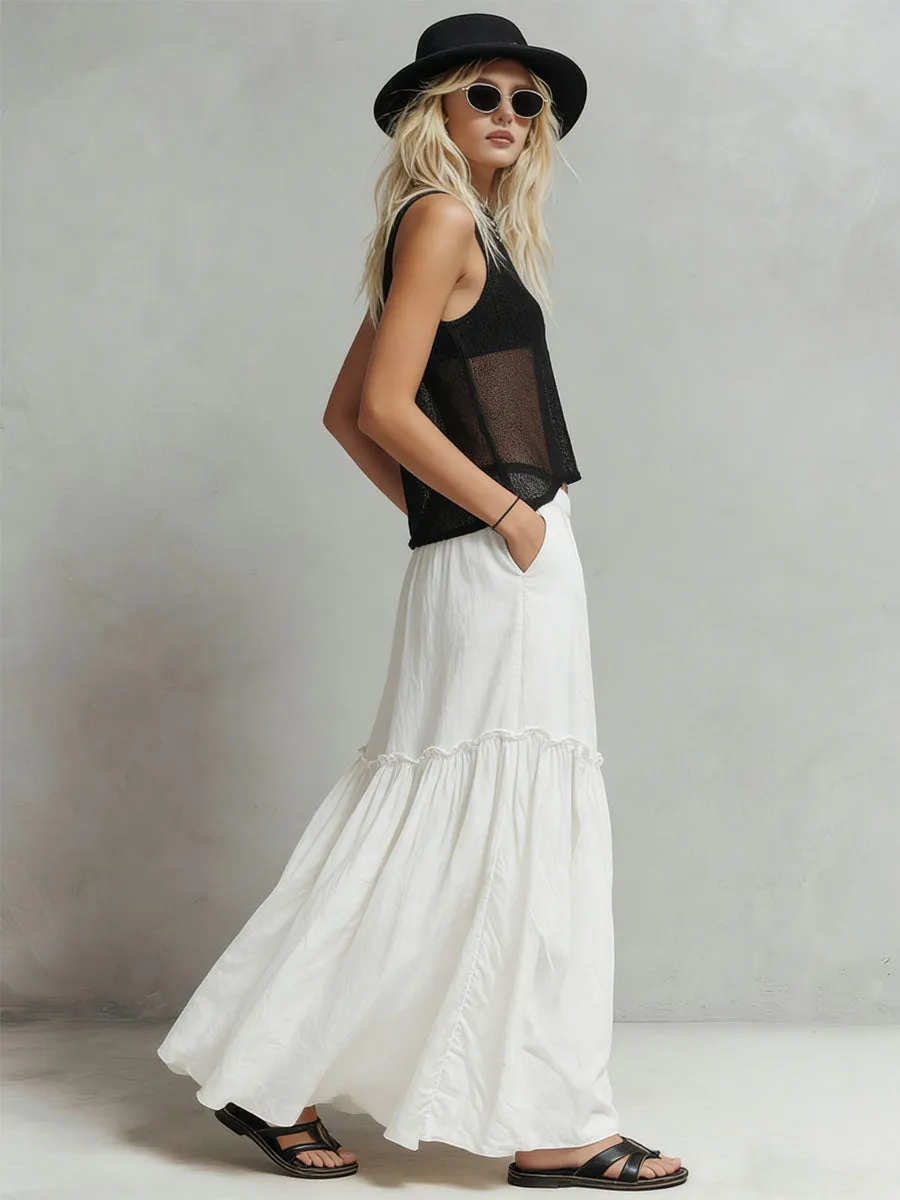Black Mesh Knit Top And White Cotton-linen Skirt Set sold by Oyrosy product image thumbnail 2