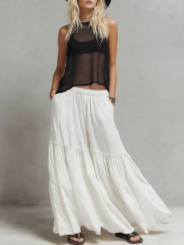 Black Mesh Knit Top And White Cotton-linen Skirt Set made by Oyrosy