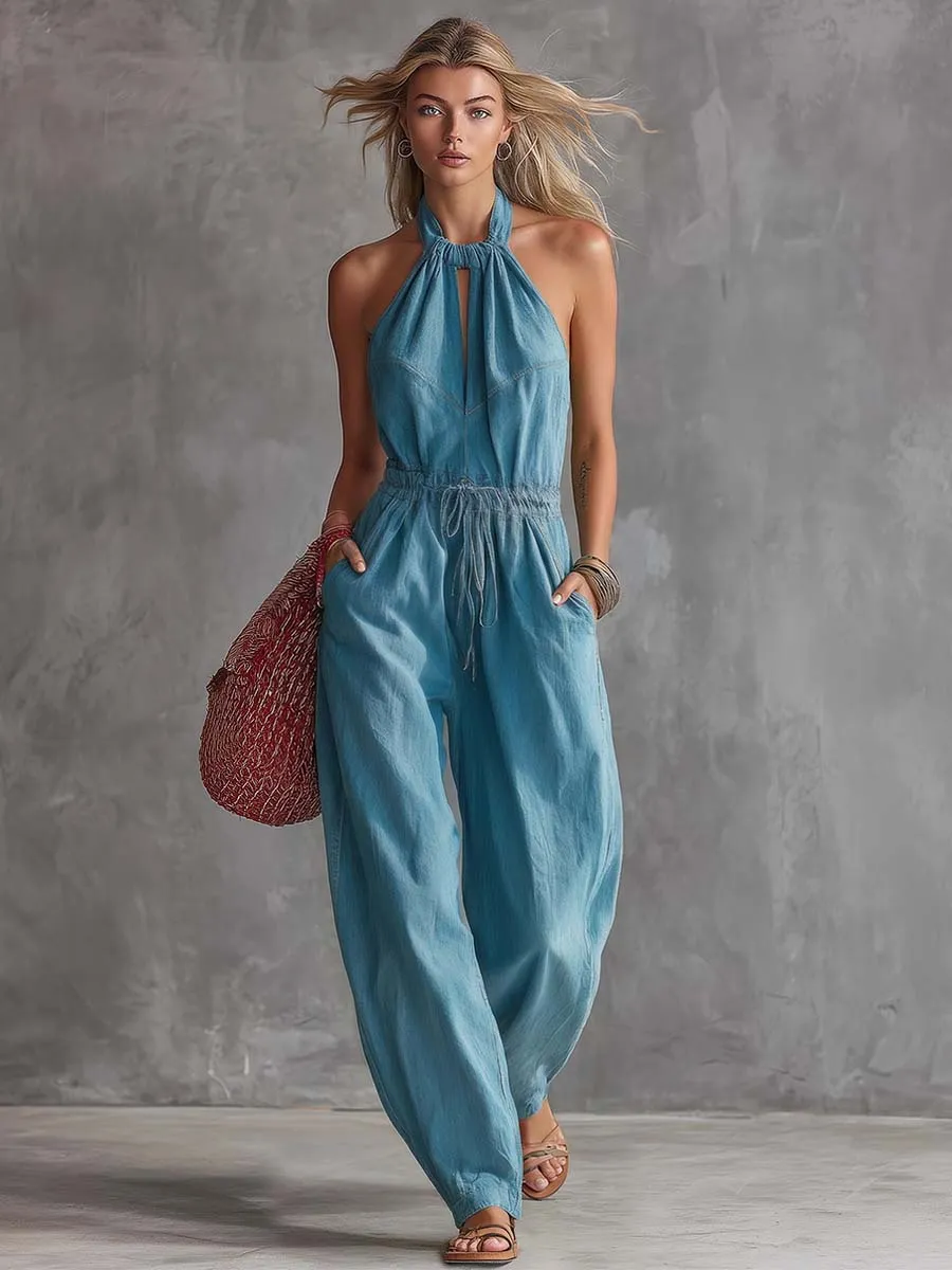 Retro-style Vacation Halter Neck Cutout Blue Denim Jumpsuit sold by Oyrosy product image thumbnail 2