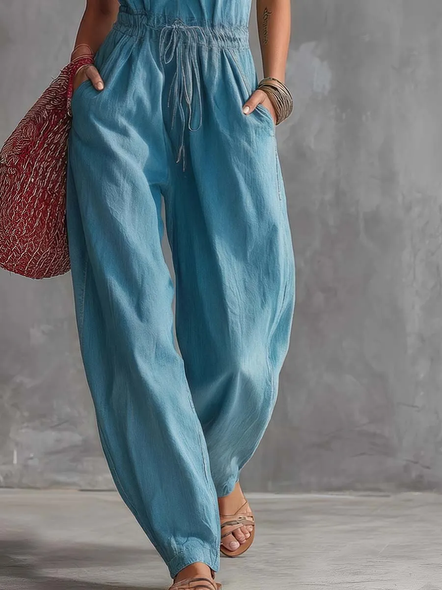 Retro-style Vacation Halter Neck Cutout Blue Denim Jumpsuit sold by Oyrosy product image thumbnail 4