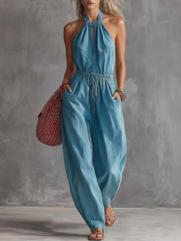 Retro-style Vacation Halter Neck Cutout Blue Denim Jumpsuit made by Oyrosy