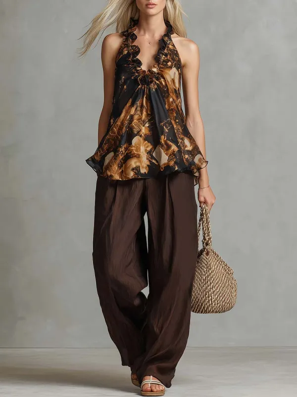 Western Vacation Brown Chiffon Vintage-Print Ruffled V-Neck Top And Cotton-Linen Pants Set made by Oyrosy