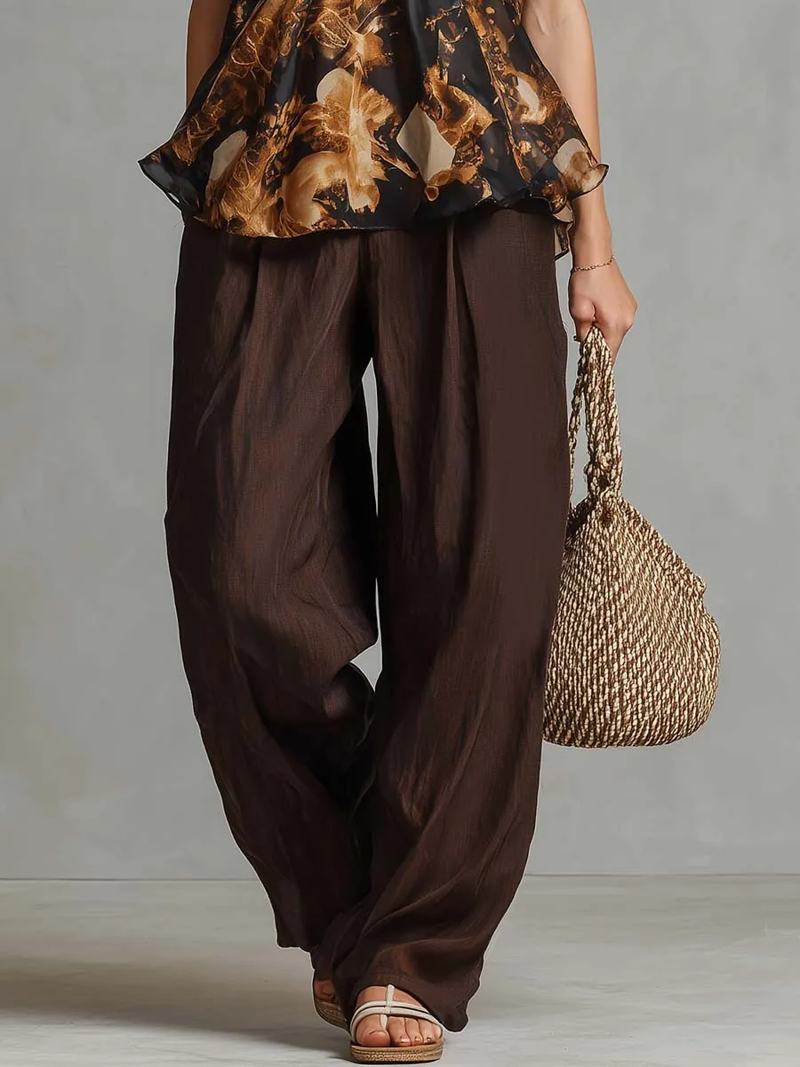 Western Vacation Brown Chiffon Vintage-Print Ruffled V-Neck Top And Cotton-Linen Pants Set sold by Oyrosy product image thumbnail 4