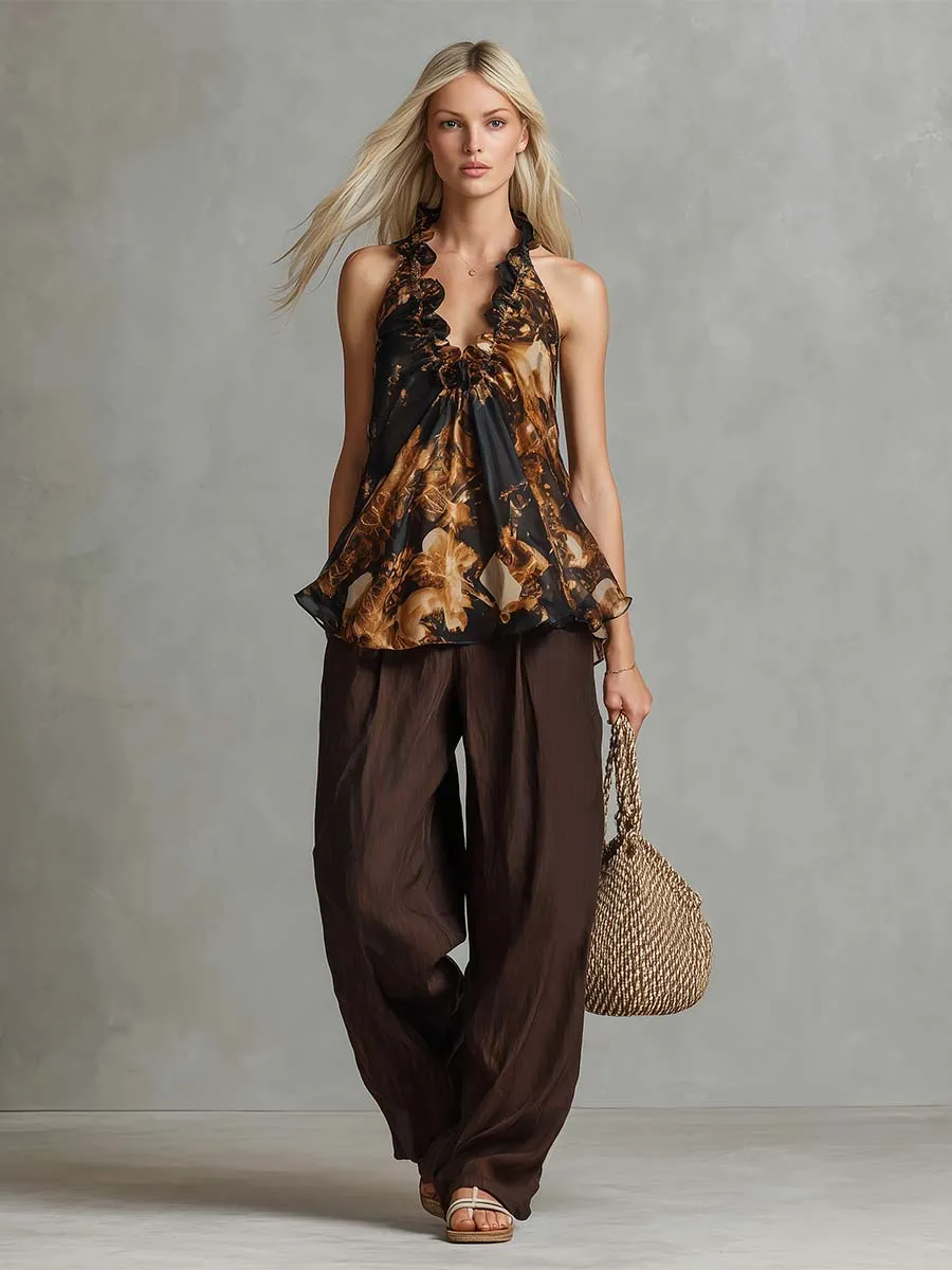 Western Vacation Brown Chiffon Vintage-Print Ruffled V-Neck Top And Cotton-Linen Pants Set sold by Oyrosy product image thumbnail 2
