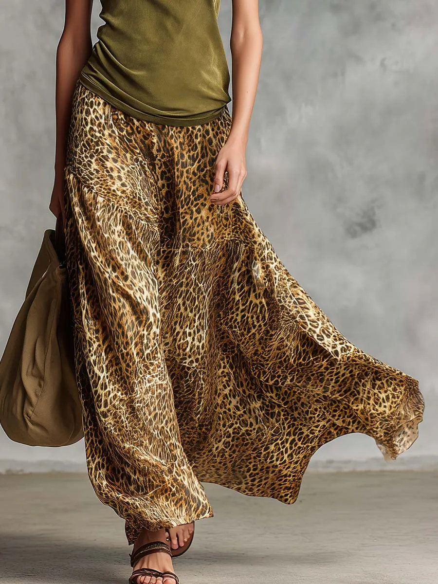 Retro Western Olive Green Faux Suede Top And Flowy Leopard Print Chiffon Skirt Set sold by Oyrosy product image thumbnail 3