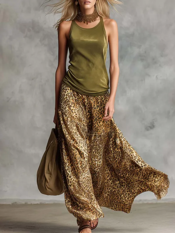 Retro Western Olive Green Faux Suede Top And Flowy Leopard Print Chiffon Skirt Set made by Oyrosy